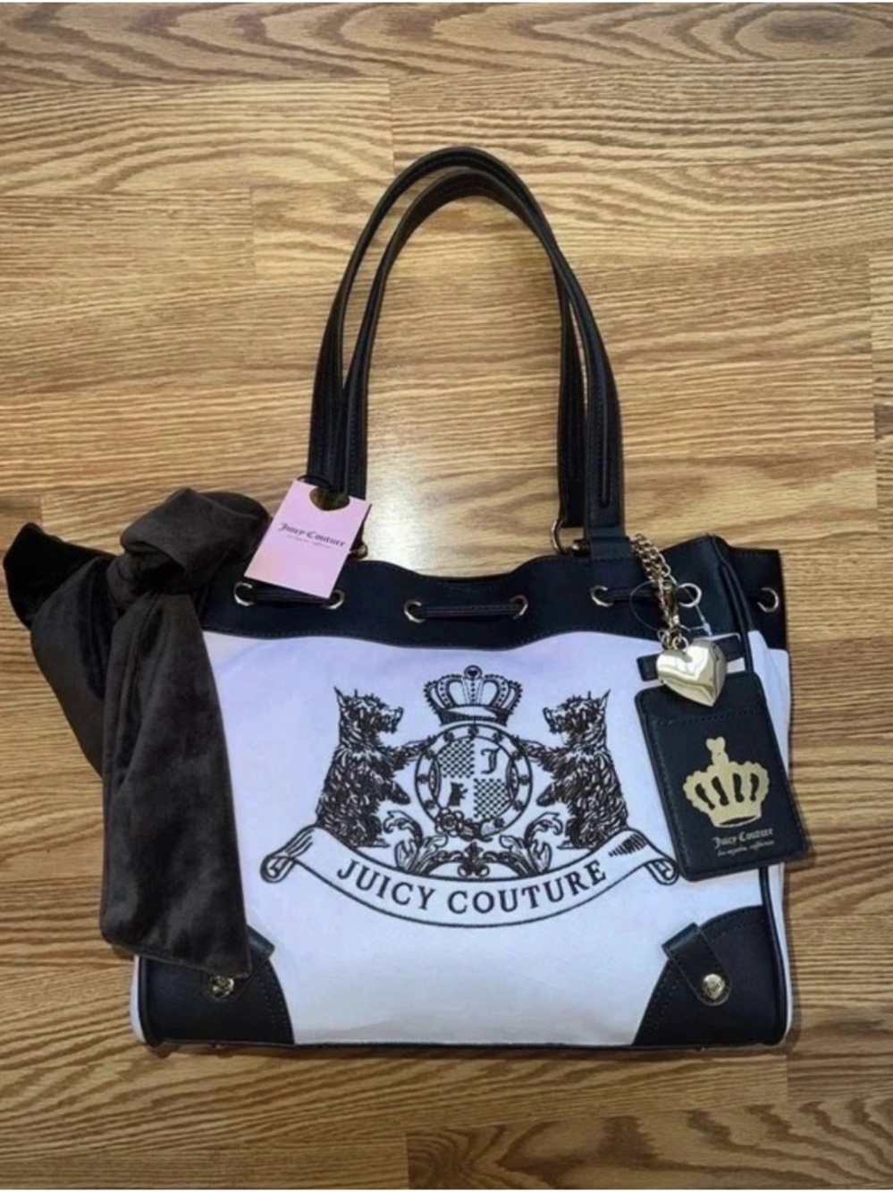 Juicy Couture Black & White Crest Canvas Tote with Charm